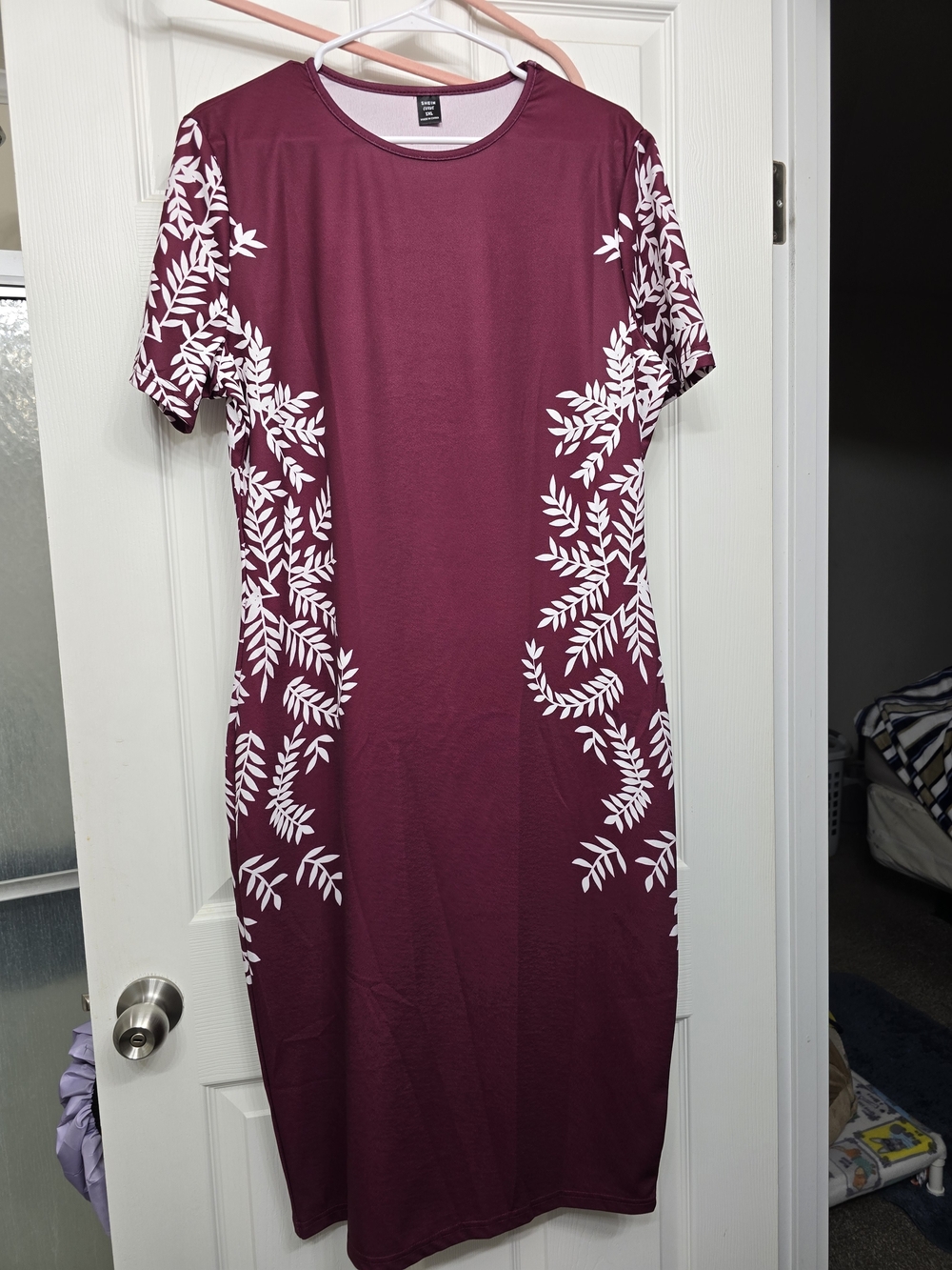 SHEIN Maroon Midi Dress with White Leaf Print